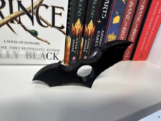 Bat wing bookend with fantasy novels