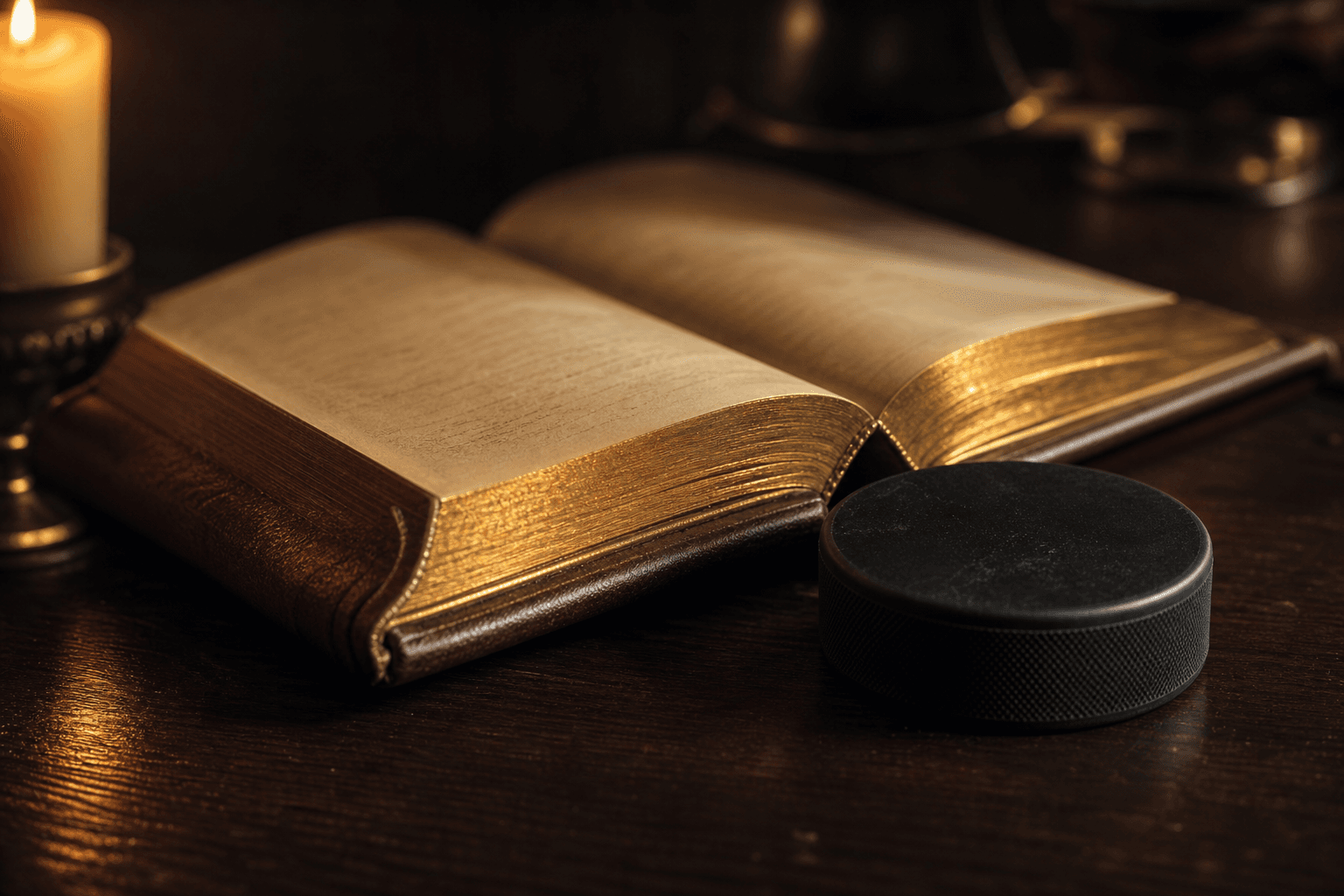 A worn leather hockey skate and a stack of paperback romance novels rest on dark wood beside a single crimson rose, warm candlelight pooling across the gold foil titles on the spines.