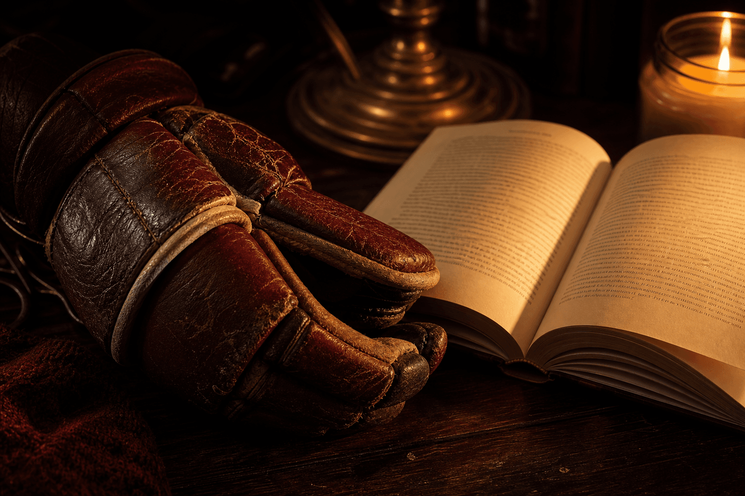 Close-up of a worn leather hockey glove resting beside an open paperback on dark wood, warm candlelight casting soft shadows across the pages