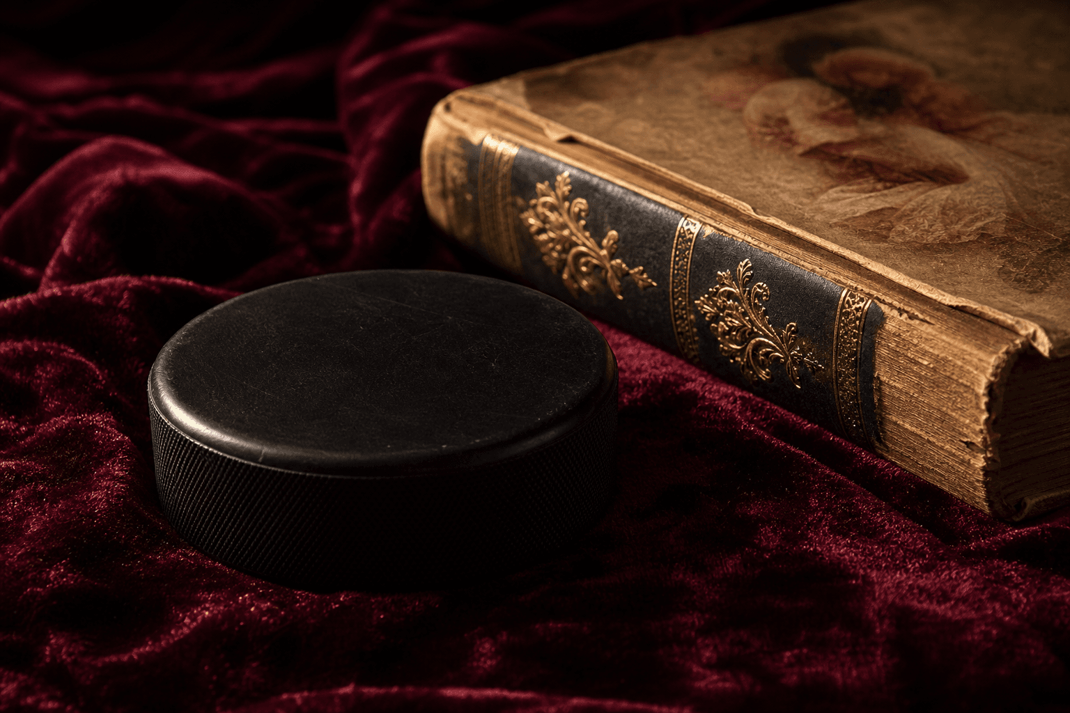 Single black hockey puck on crushed burgundy velvet beside a dog-eared romance novel, soft lamplight highlighting the gold foil on the spine