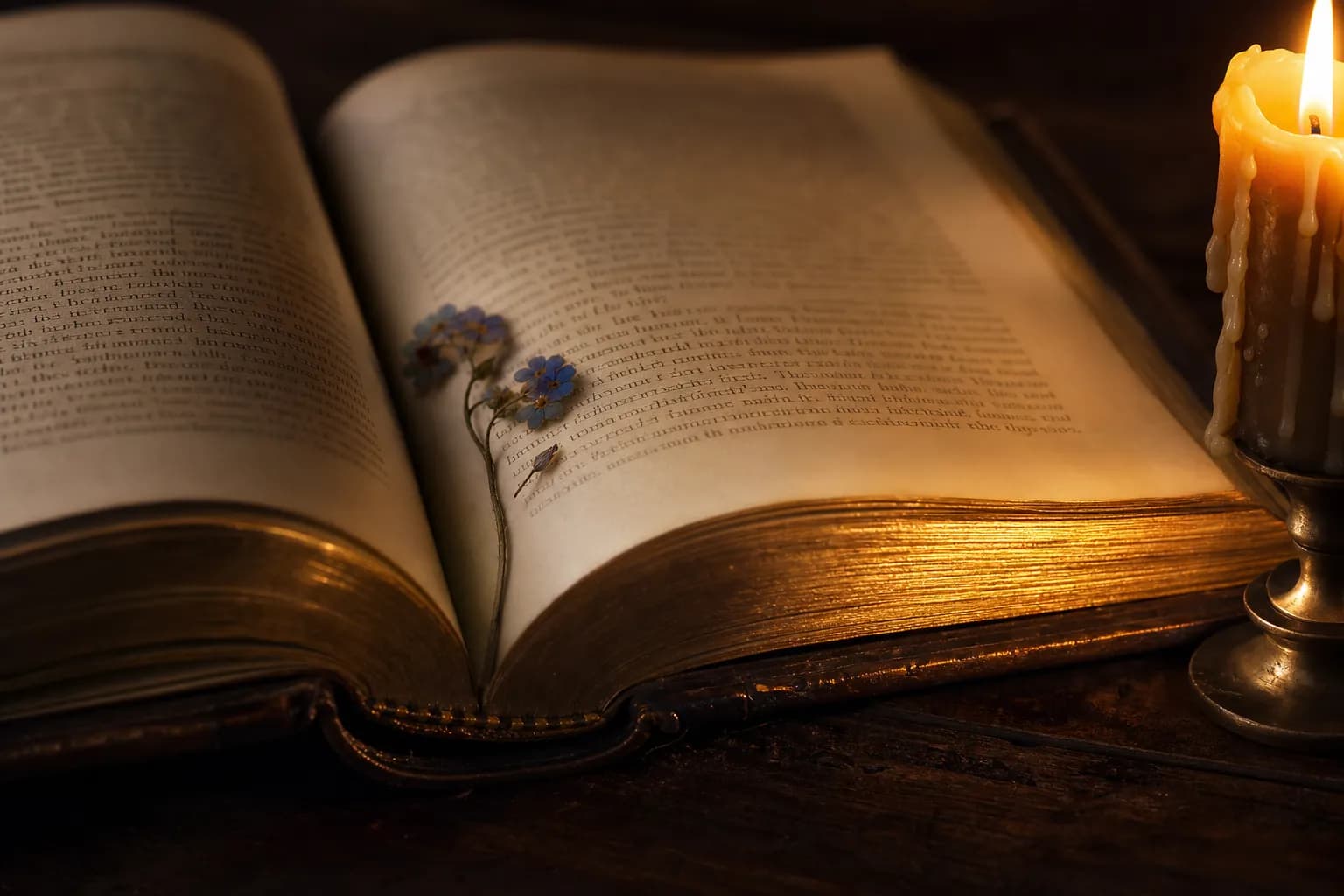 Close-up of a leather-bound book lying open on dark espresso wood with gold-leafed page edges glowing under a single beeswax candle and a pressed forget-me-not in the gutter, cinematic still life, 16:9 aspect ratio