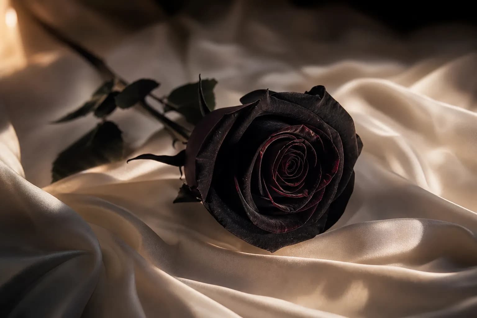 A single long-stemmed black rose laid across crisp white silk bed sheets with soft candlelight casting deep shadows, editorial still life photography, 16:9 aspect ratio, 4K photorealistic