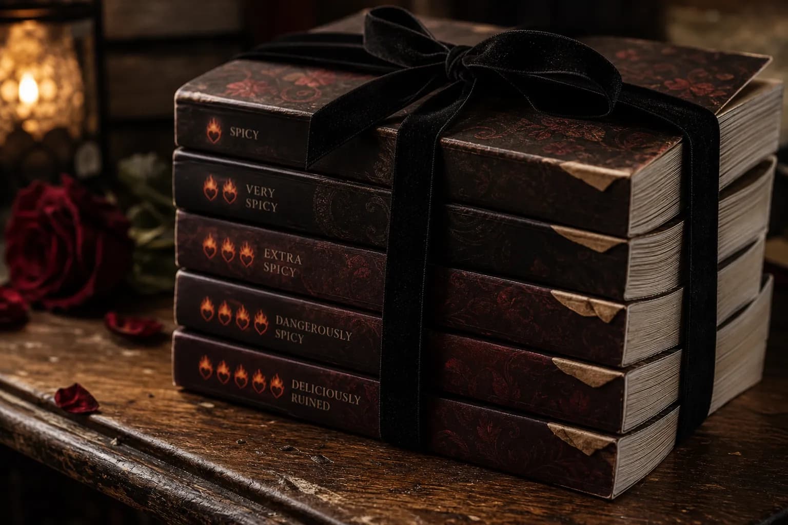A stack of dog-eared dark romance paperbacks tied with black velvet ribbon on a worn wooden market table, soft window light, editorial still life, 16:9 aspect ratio