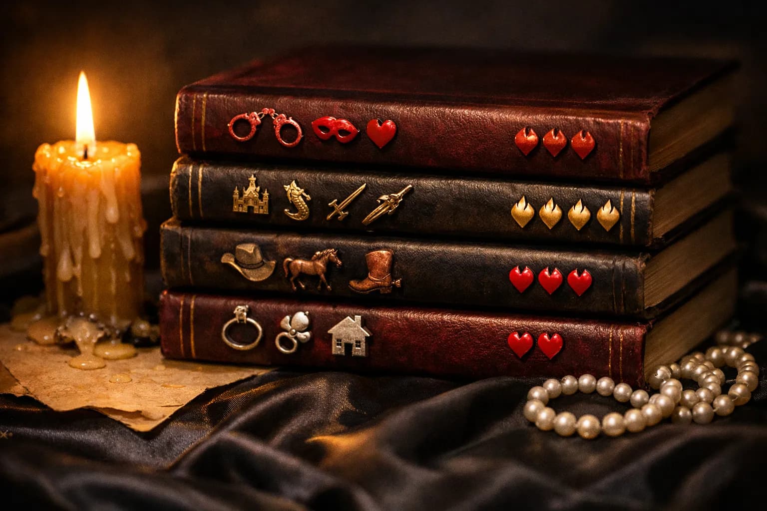 Stack of trope tagged romance novels beside a lit candle and pearl necklace on dark silk evoking community and shared reads
