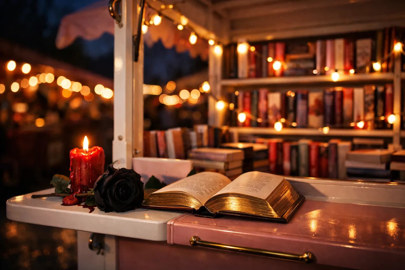 Mobile romance bookstore cart at a Brevard County night market with pink accents, shelves of trope-labeled books, and warm string lights