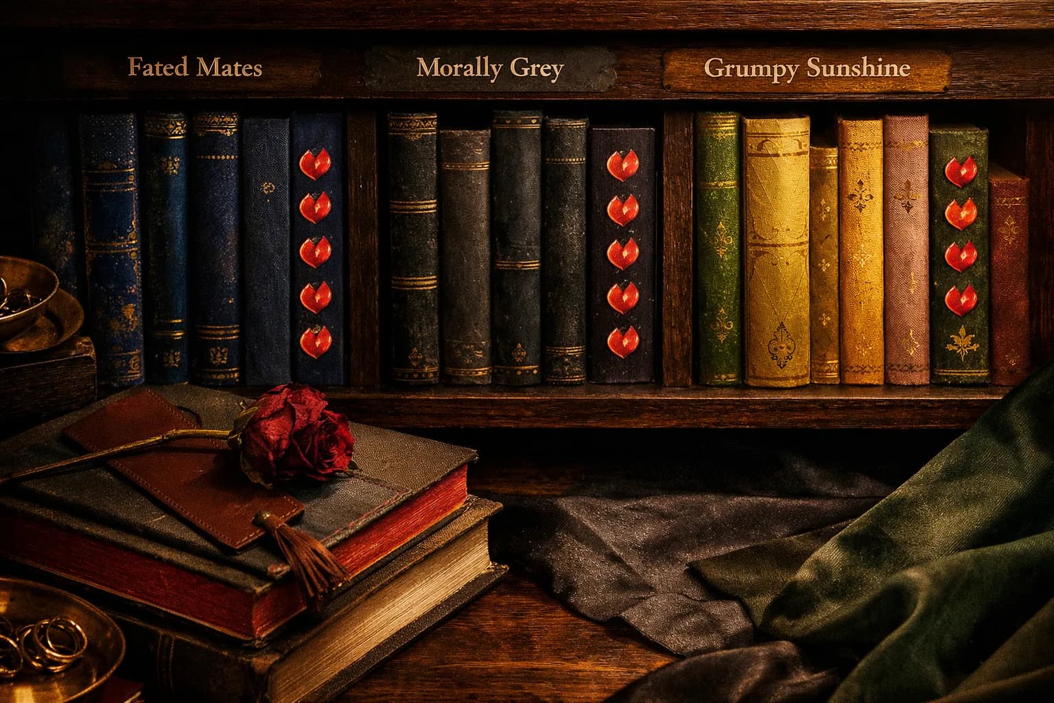 Close up of romance novels on wooden shelves organized by trope tags like fated mates and morally grey with flame heart stickers