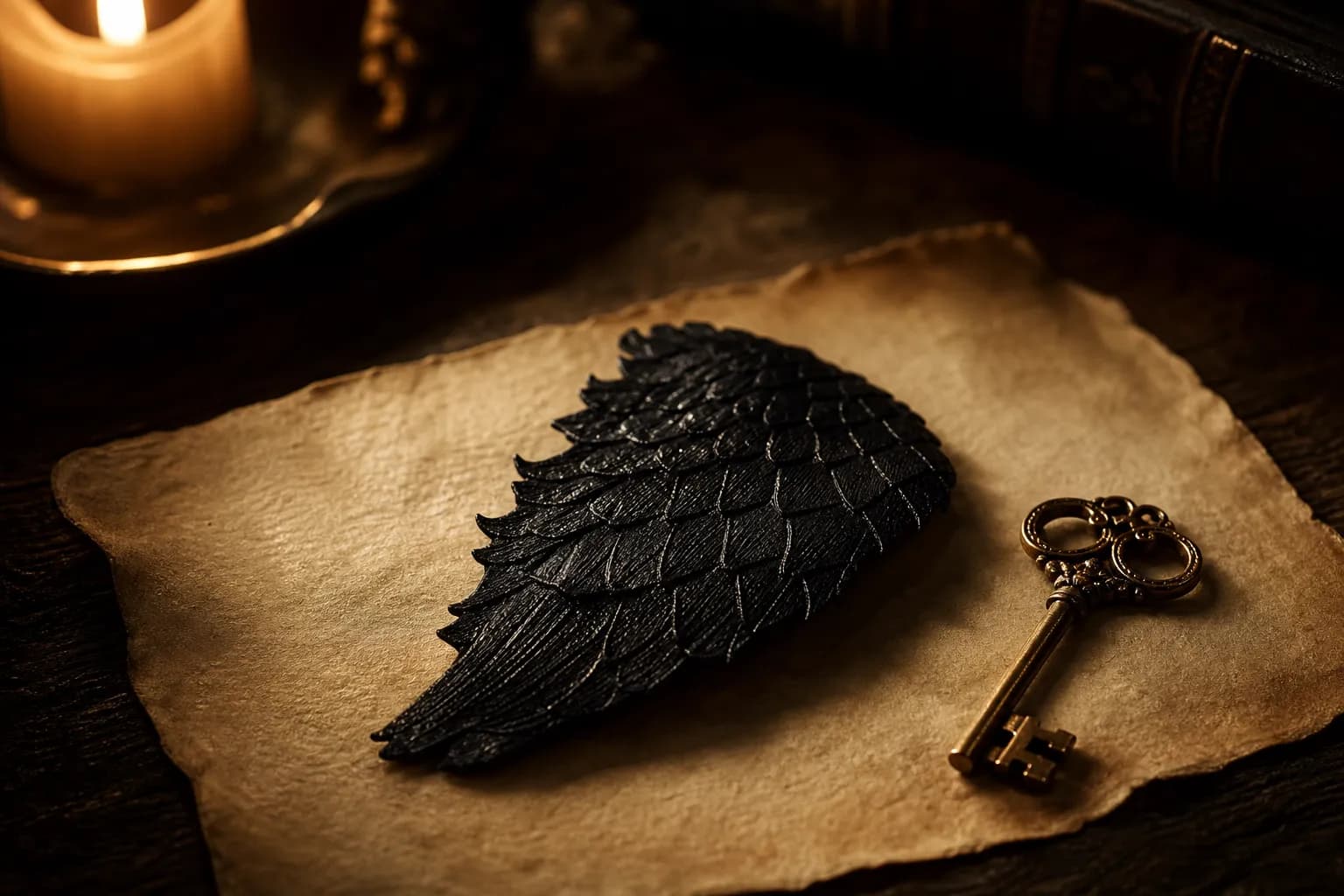 Single black dragon scale resting on aged parchment next to a small gold key