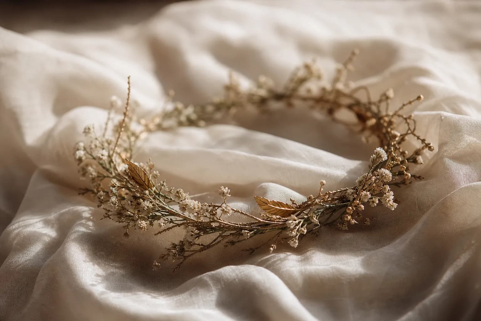 Delicate crown of dried branches and small white flowers on raw silk fabric