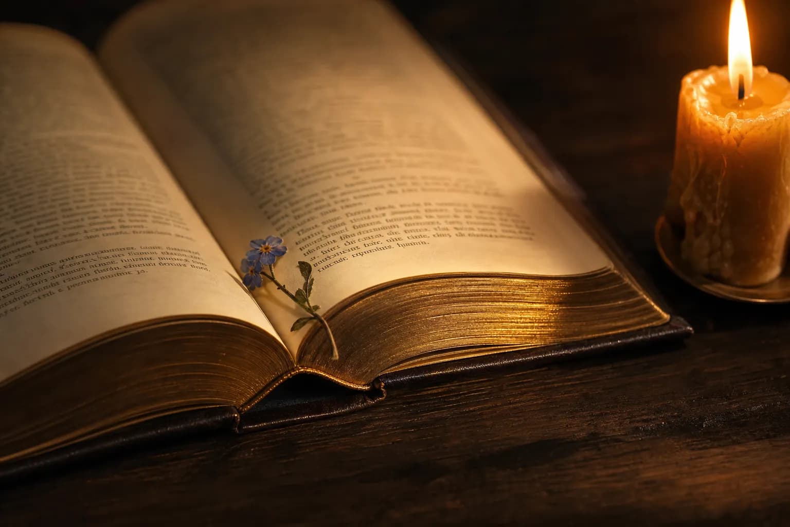 Open leather-bound book with gilt edges on dark wood beside a single pressed blue flower and a beeswax candle