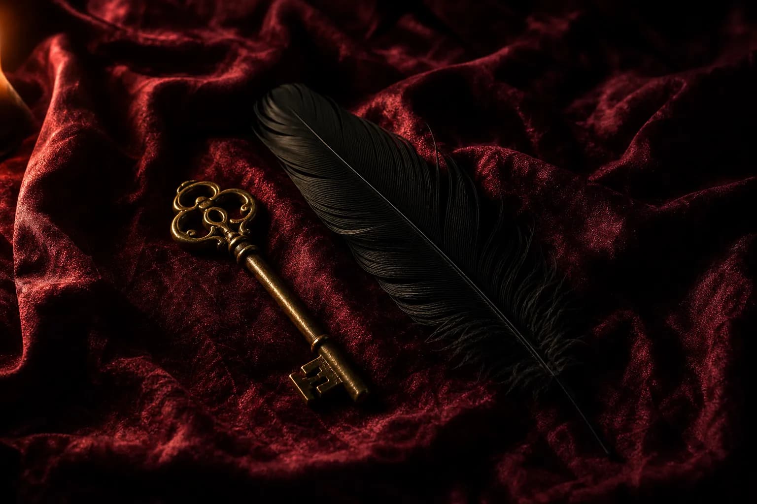 Antique brass key and single black feather on crushed dark silk