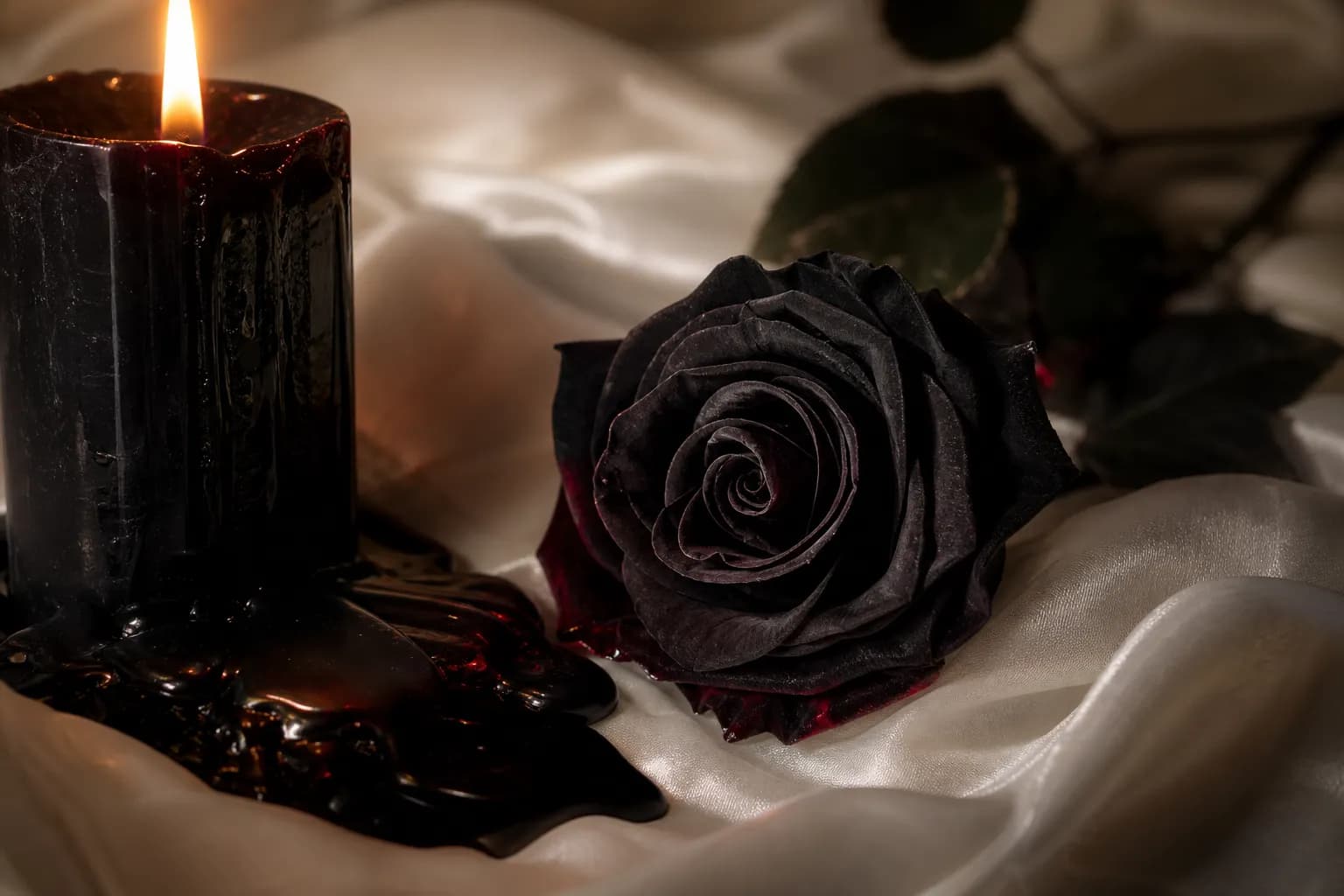A single black rose laid across white silk sheets with a lit candle casting warm shadows