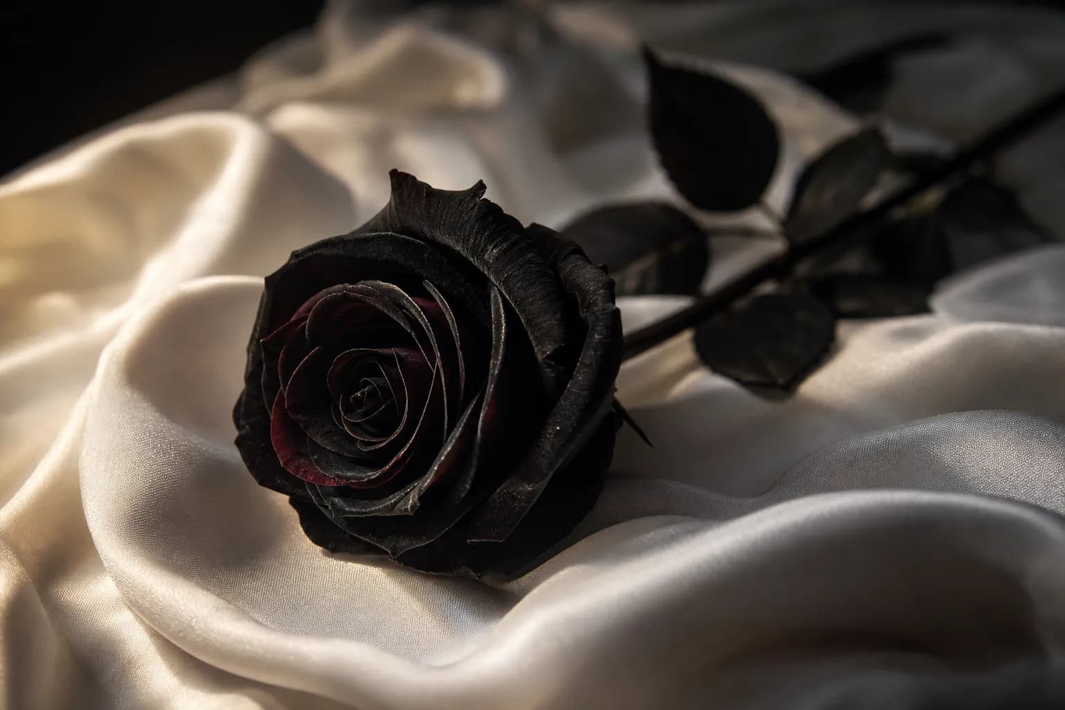 A single long-stemmed black rose laid across crisp white silk bed sheets with soft candlelight casting deep shadows