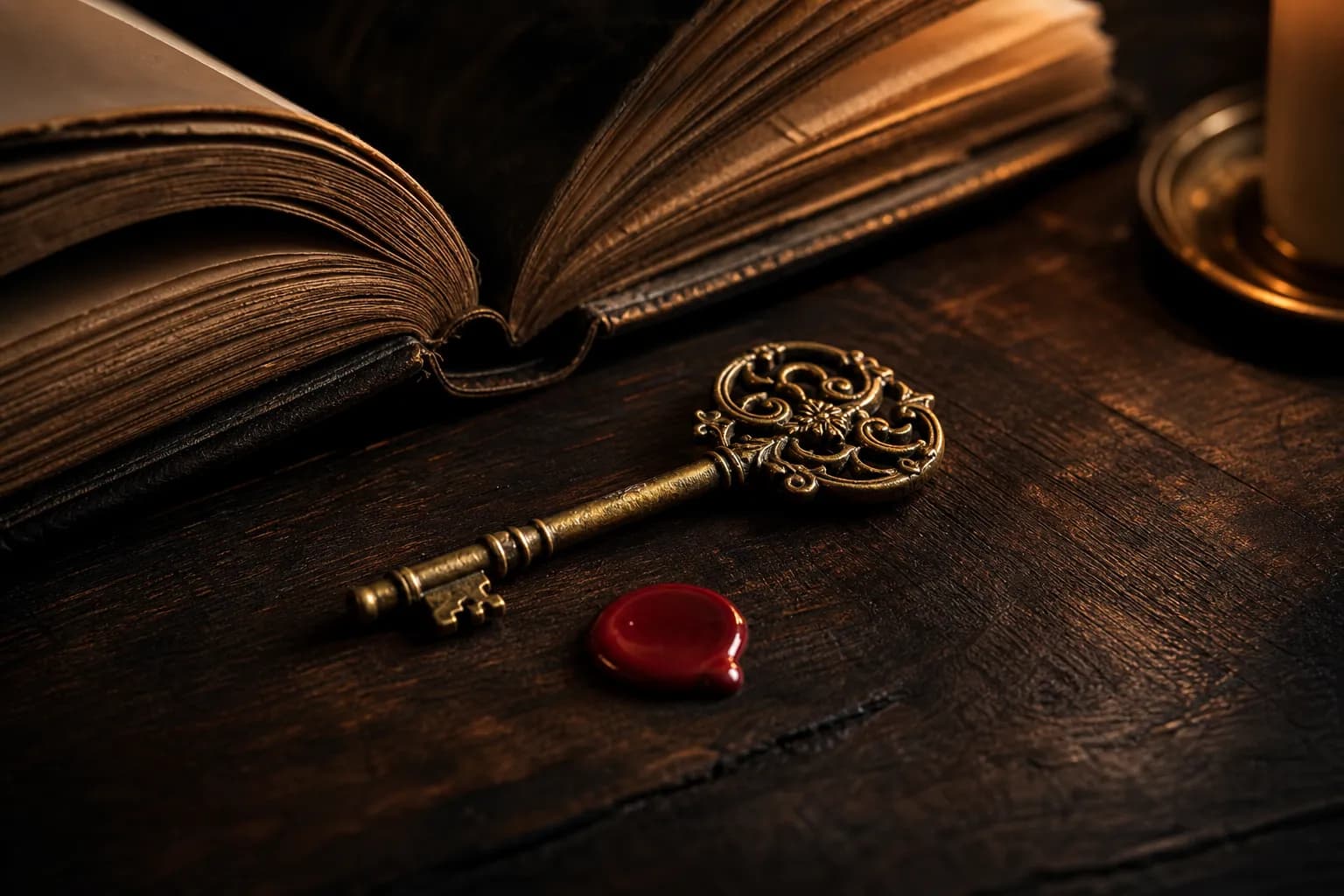 An antique key resting on dark wood beside an open book with crimson wax seal