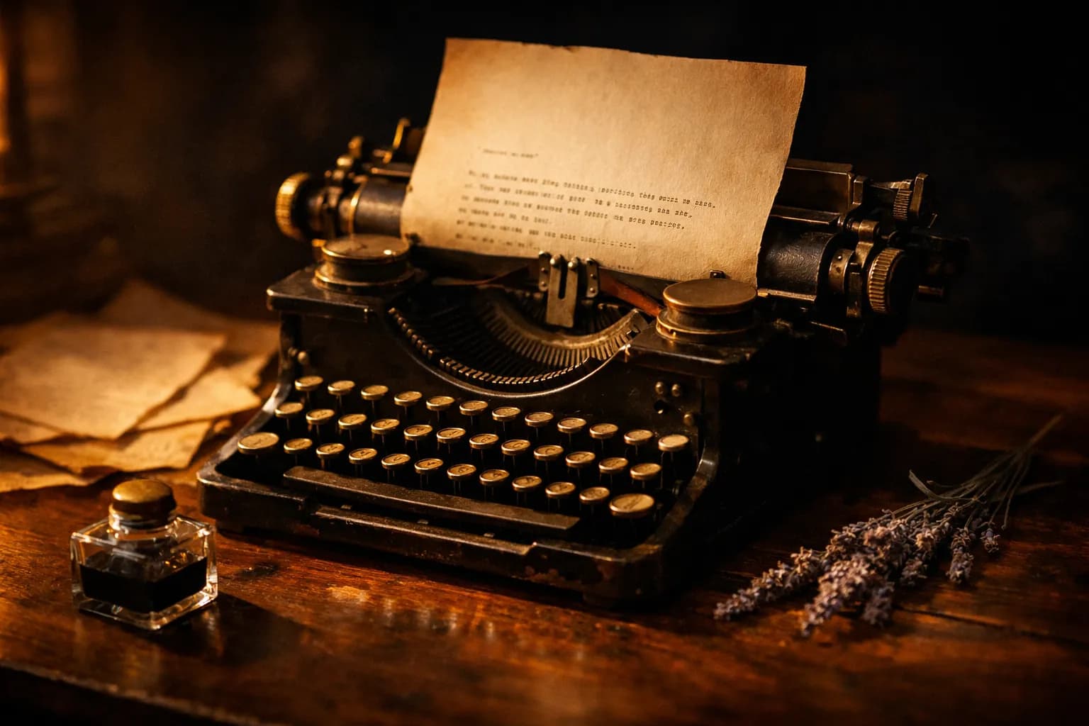 An antique typewriter with a half-written letter sits beside scattered parchment pages and a small vial of ink under soft lamplight. A single dried lavender sprig rests on the paper.